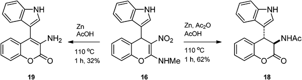 Synthesis hybrid amino acid 18 and 3-amino-indolyl chromenone 19 from N-[4-(1H-3-indolyl)-3-nitro-4H-2-chromenyl]-N-methylamine 16.