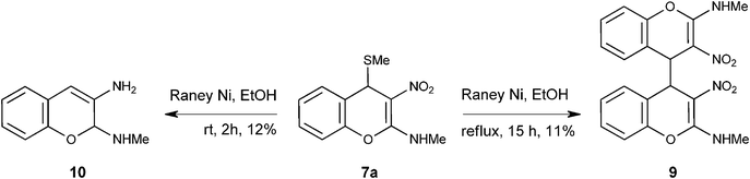 
            Reduction of 2-methylamino-3-nitro-4-methylsulfanyl 4H-chromene 7a with Raney ® Ni to form chromene dimer 9 or 2H-chromenediamine 10.