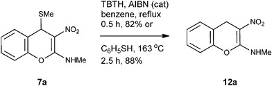 Synthesis of 2-methylamino-3-nitro-4H-chromene 12a from 2-methylamino-3-nitro-4-methylthio-4H-chromene 7a.