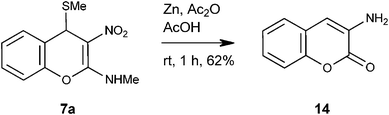 Synthesis of 3-amino-2H-2-chromenone 14 from 2-methylamino-3-nitro-4-methylthio-4H-chromene 7a.