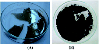 (A) Gray–brown agarose hydorogel supported Pd nanoparticles. (B) Black powder of the dried agarose hydrogel supported Pd nanoparticles after drying.