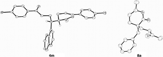 ORTEP diagrams of 4m and 8a. H atoms are omitted except for those attached on the stereogenic carbons of 4m.