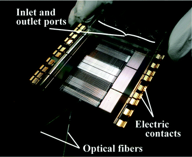 PDMS–glass hybrid microfluidic device for the IISA-Gene. The PDMS microfluidic chip is bonded with the glass-made temperature control chip. Metallic electrical contacts are installed on the electrical contact pads. A pair of the optical fibers is fixed in the microgrooves.