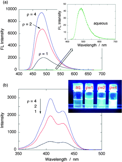 (a) Fluorescence spectra of TC nanoparticle samples prepared at ρ = 1, 2, and 4, along with that of TC–Cl in aqueous solution (λex = 407 nm). The inset shows magnified fluorescence spectrum of TC in aqueous solution. The corresponding absorption spectra are displayed in Fig. 1. (b) Excitation spectra of TC nanoparticle samples. The fluorescence was monitored at 480 nm. For the measurements, samples were diluted to avoid spectral distortion. The inset shows a photo of fluorescence taken under 365 nm UV light irradiation (original samples).