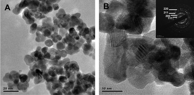 TEM images of (A) CeO2 particles calcined at 500 °C and (B) at higher magnification. The inset shows the SAED pattern indexed to cubic ceria .