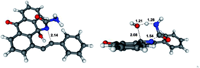 Optimized geometries and selected bond lengths (Angstroms) for the 6-endo-dig (left) and fragmentation (right) transition states.