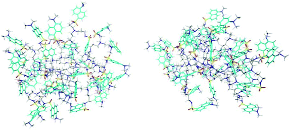 Two snapshots of the G4 dendrimer from MD simulations at 213 K (left) and 273 K (right). To better locate the dansyl groups, the naphthalene carbons are coloured in cyan.