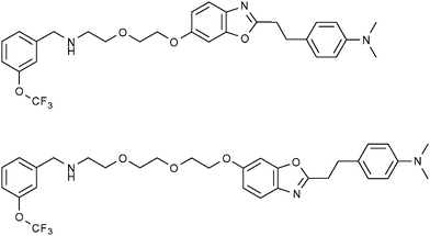 The fluorinated benzoxazole derivatives, TFMB-2Et (upper) and TFMB-3Et (lower) have been investigated by Amatsubo et al. as potential markers of amyloid plaques which are associated with Alzheimer's disease.62