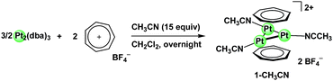 Formation of [Pt3(μ3-C7H7)2(CH3CN)3][BF4]2 (1-CH33CN).