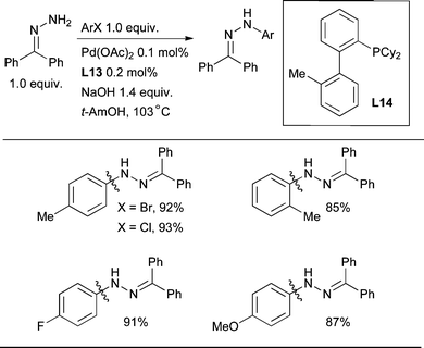 
            Benzophenone hydrazone can be effectively arylated with aryl chlorides and bromides.