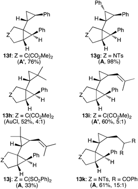 Products of cyclopropanation of acyclic alkenes. (The yield of 13j is based on a 70% conversion).