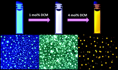 (Top) Photographs of the nanoparticle dispersion in aqueous medium with different concentrations of DCM (λexc = 365 nm) and (bottom) the corresponding fluorescence microscopic images (λexc = 330–380 nm).