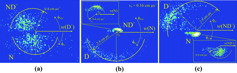 The internal frame scattering diagrams from reaction (6) in the N22+ + D2 collision system at ECM = 1.8 eV. Fig. 3a shows the scattering of ND+ and N relative to w(D+), Fig. 3b shows the scattering of the ND+ and D+ relative to w(N) and Fig. 3c shows the scattering of D+ and N relative to w(ND+). The insets in (b) and (c) show the scattering of the ND+ and N fragments respectively on a larger scale. See text for details.