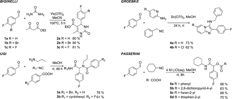 MCR with Fluorinated Benzaldehydes 1a-b.