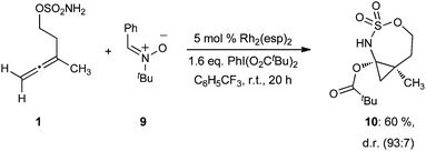 Oxidative rearrangement of allene sulfamate ester and trapping with pivaloate in the presence of bulky N-tBu-nitrone.