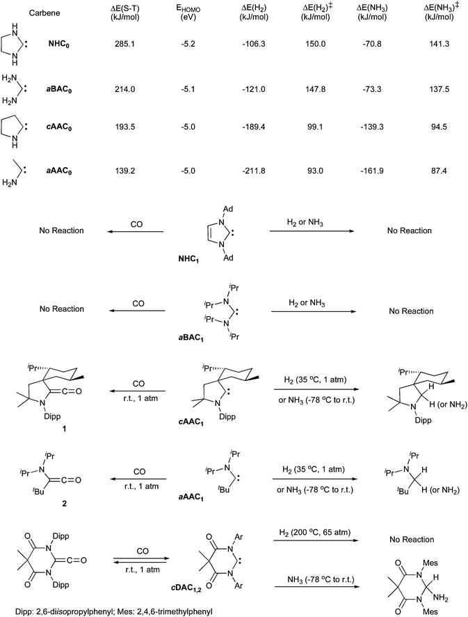 Activation of CO, H2 and NH3 by stable carbenes.