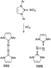 Synthesis and different forms of Si2-biscarbene adduct 23.