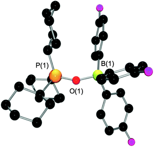 POV-ray depiction of the molecular structure of 9. Hydrogens have been omitted for clarity. Selected bond distances (Å) and angles (°): P(1)–O(1) 1.5251(8); B(1)–O(1) 1.5854(15); P(1)–O(1)–B(1) 147.26(8).