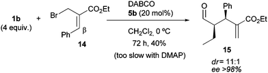 Regio-, diastereo-, and enantioselective α-alkylation of aldehydes with β-substituted α-bromomethyl acrylate 14.