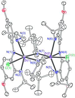 ORTEP diagram for {[NNNq]ZrCl(μ2-p-NC6H4tBu)}2 (4). Thermal ellipsoids are shown at 50% probability. Hydrogen atoms and a diethyl ether molecule have been omitted for clarity.