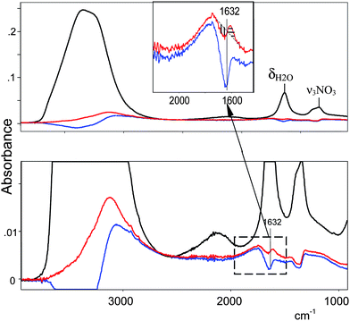 The procedure for quantitative isolation of the IR spectrum of H+(H2O)n cations illustrated for HNO3. From the spectrum of 0.75 M HNO3 (black) was subtracted the spectrum of 0.75 M NaNO3 resulting in spectrum (blue). Addition of the spectrum of water to (blue) up to equality of the intensities of −S and +S for the δH2O band at 1632 cm−1 (inset) leads to spectrum (red), the true spectrum of the H+(H2O)n cation.