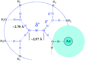 Ion pairing with shared water molecule.