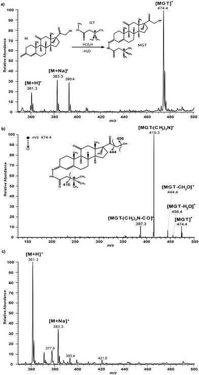 a) Positive ion nanoESI mass spectrum recorded after exposure of 0.15 μg of cortisone as a solid spot of ca. 2.4 mm diameter on glass to microdroplets containing GT reagent for 5 min. Treated surface was washed off in MeOH–water prior to nanoESI. Exposure conditions: GT at 50 ppm in MeOH–water 80 : 20 (v/v) with 0.5% of formic acid, incident angle to the horizontal: 90°, flow rate: 5 μL min−1, exposure time: 5 min on the spot, tip-to-surface distance: 5 mm, nebulizing gas pressure: 150 psi, high voltage: +1.5 kV. Inset shows the chemical reaction. b) NanoESI-MS/MS spectrum of MGT product detected at m/z 474 after exposure of cortisone to microdroplets containing the GT reagent under the experimental conditions given in a). c) Positive ion nanoESI mass spectrum of a bulk mixture of reagents. Bulk solution: 1.5 μL of cortisone at 100 ppm in MeOH mixed with 25 μL of GT at 50 ppm in MeOH–water 80 : 20 (v/v) with 0.5% of formic acid, reaction time: 5 min, temperature: 25 °C.