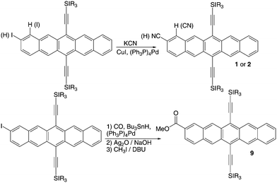 Synthesis of cyanopentacenes 1 and 2, and carboxymethyl pentacene derivative 9.