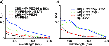 
            UV/vis spectra for Np-BSA1 in different combinations with MV-PEG4 and CB[8] (a) in comparison to the control experiments with small molecule first guest MV7 and second guest Np8 (b), all at 0.5 mM concentration in each component.