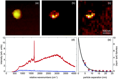 Simultaneous Raman and fluorescence enhancement measurements. (a) Topography of a single 80 nm gold nanoparticle covered with Atto532 dye. (b) Near-field fluorescence image and (c) near-field Raman scattering image of the same particle. (d) Spectrum of detected radiation recorded in absence of a nanoparticle antenna (blue) and in presence of a nanoparticle antenna (red). (e) Intensity of fluorescence (red triangles) and Raman scattering (blue circles) as a function of particle–particle separation.