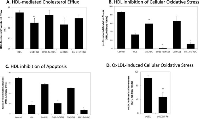 A–C: The effect of 1-Fe on oxidative-stress induced loss of anti-atherogenic HDL functions. 1 mg protein/mL HDL was incubated with or without 50 μM 1-Fe for 10 min and then treated with 500 μM SIN-1 or 40 μM CuSO4 at 37 °C overnight. Cholesterol efflux capacity (A), inhibition of oxLDL-induced oxidative-stress (measured by DCFH-DA) (B), and inhibition of tunicamycine-induced apoptosis (measured by DiOC6) (C) in J774 macrophages was determined as described in Materials and Methods. (D) Oxidative-stress induced in J774 macrophages with oxLDL pretreated overnight with or without 50 μM 1-Fe. Results are the mean of three independent experiments, ± SD. *P < 0.005, **P < 0.05 (vs. control).