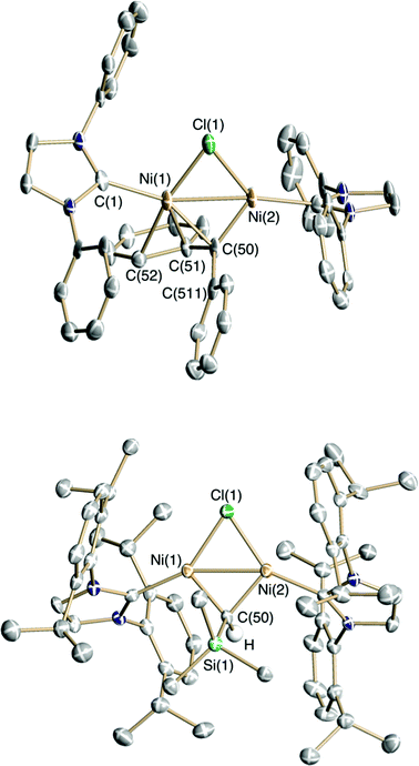 Solid-state structures of the complex cations of 6 (top) and 7 (bottom) drawn with 50% thermal ellipsoids. H-atoms (except on the carbene carbon), the B(ArF)4 anions, IPr iso-propyl groups (for 6), and co-crystallized solvent have been omitted for clarity.