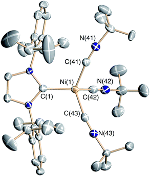 Solid-state structure of the complex cation of 9 drawn with 50% thermal ellipsoids. H-atoms, co-crystallized solvent, and the B(ArF)4 counterion have been omitted for clarity.