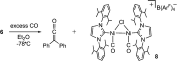 Combination of excess CO and 6 leads to formation of diphenylketene and the Ni(i)-Ni(i) dicarbonyl salt 8.