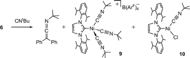 Addition of excess CNtBu to 6 forms Ph2CCNtBu with dissociation of the dimeric metal complex to Ni(i) monomers.