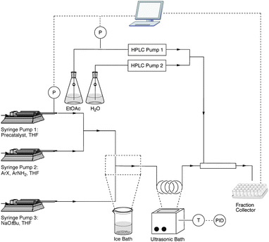 Experimental setup that can handle solids formed during the palladium-catalyzed amination reactions.