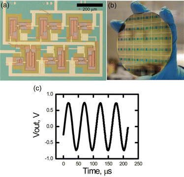 (a) Optical micrograph of a ring oscillator based on top contact pentacene OTFTs with 1 μm channel length. (b) Picture of multiple ring oscillators on a 4-inch wafer. (c) Output characteristics of the device at VDD = −55 V.