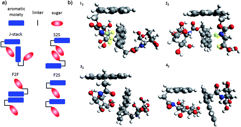 Dimer configurations (a) and RI-BLYP-D optimised geometries of J-stacked dimers (b) of 1–4.