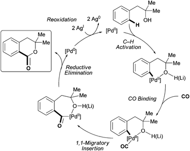 Plausible mechanism for hydroxyl-directed Pd(ii)-catalyzed C–H carbonylation.