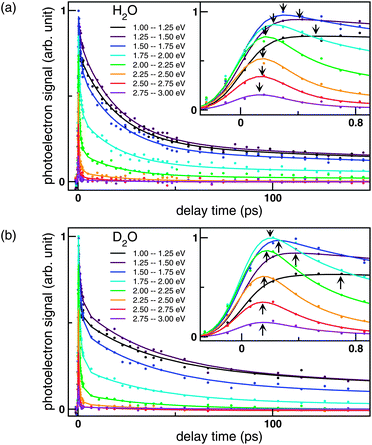 Time evolutions of the photoelectron signal intensities at different kinetic energies for (a) NaI/H2O probed at 260 nm and (b) NaI/D2O probed at 274 nm. Dots represent the observed signal intensities averaged for photoelectron kinetic energy distribution at a width of 0.25 eV. The curves are least-squares fits based on our kinetic model. The insets show expanded views of the initial region of the time profiles. Arrows indicate the peaks of the photoelectron signal at each PKE. Intensities were normalized using the maximum value of the data.