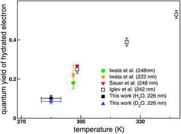 Quantum yield of a free hydrated electron as a function of temperature. The yields obtained by Iwata et al.56 and Sauer et al.57 were reduced by 18 and 9%, respectively, using the extinction coefficient of the hydrated electron determined by Hare et al.58