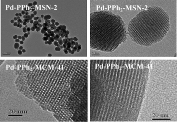 
          TEM images of Pd-PPh2-MSN-2 and Pd-PPh2-MCM-41.