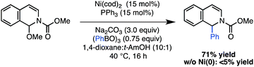 Application of Ni(0)-catalyzed arylation to an isoquinoline derived N,O-acetal.