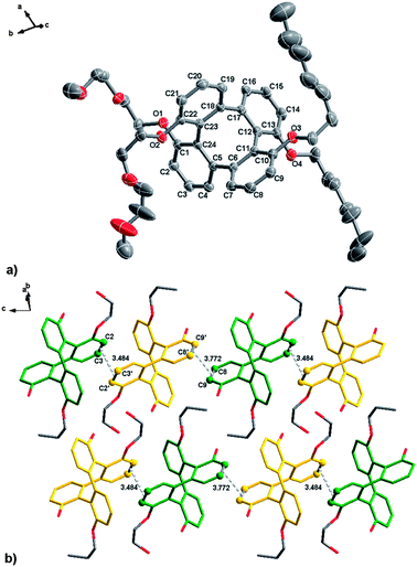 (a) ORTEP diagram of compound (±)-11. Thermal ellipsoids were plotted at 30% probability level. (b) Weak π–π interactions are shown and hydrogen atoms are removed for clarity.