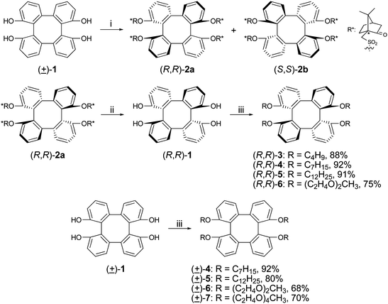 
            Reagents and conditions: (i) R*Cl, Et3N, THF, 0–23 °C, (R,R)-2a: 45%; (S,S)-2b: 47%. (ii) KOH (aq.), MeOH, reflux, 97%. (iii) RX, Cs2CO3, DMF, 80 °C [(R,R)-3: RX = C4H9Cl; 4: RX = C7H15Br; 5: RX = C12H25Br; 6: RX = TsO(C2H4)2CH3; (±)-7: RX = TsO(C2H4)4CH3]