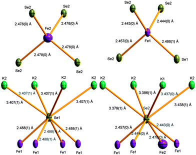 Coordination environments of the Fe and Se sites in K0.862(3)Fe1.563(4)Se2. Fe sites are shown as purple, Se gold, and K green ellipsoids. Ellipsoids are drawn at 50%.