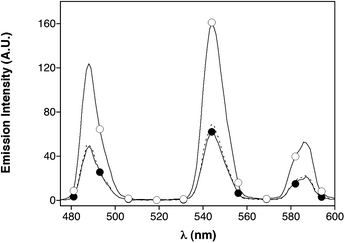 Dashed line: time-gated emission spectra of 1μM solution of monomeric peptide A-FosWW[Tb] in HEPES buffer (10 mM HEPES pH 7.6, 100 mM NaCl). Solid lines: phosphorescence emission spectra of A-FosWW[Tb] with 65 μg mL−1 of protein extracts from cell lysates (●) and the same sample after the addition of 4 equivalents of c-Jun (○).