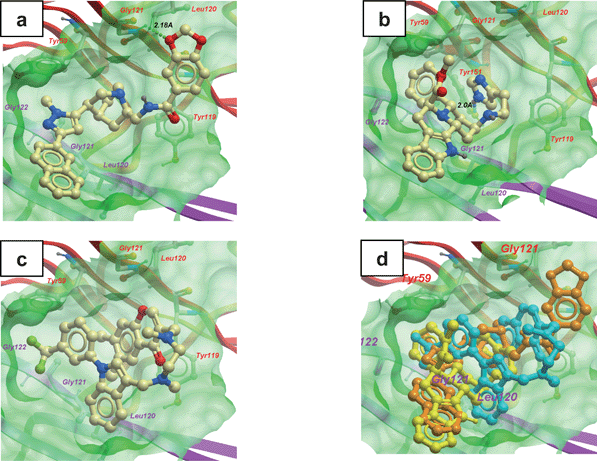 Low-energy binding conformations of a) screening hit quinuclidine, b) screening hit indolo[2,3-a]quinolizidine, c) SPD304 bound to TNF-α dimer and d) superimposition of quinuclidine (orange), indolo[2,3-a]quinolizidine (yellow) and SPD304 (blue) generated by virtual ligand docking.78