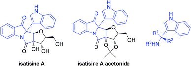 Isatisine A, its acetonide derivative and indol-3-yl methanamines bearing a quaternary carbon center.