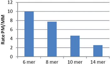 Comparing reaction fidelity of different probe lengths. The rate of the reaction catalyzed by a perfect match template (PM) compared to a mismatched template (MM) using 20% template. The slope of the initial rate of reaction was used as a first order approximation of reaction rate.